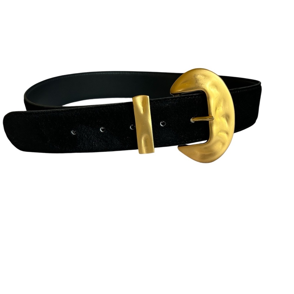 Women’s Black Suede 1 1/2 inch Wide Belt with Gold Hammered Buckle Size M